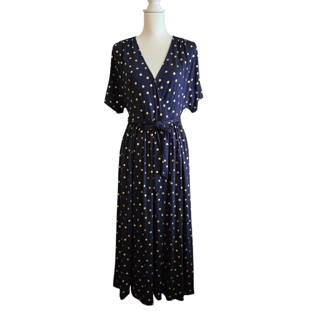 Classic Polka Dot Maxi Dress Boden Navy Metallic Gold Small Pockets Tie Waist